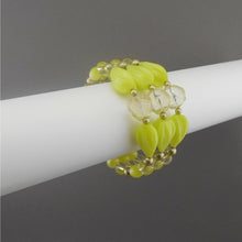 Load image into Gallery viewer, Vintage 1950s Signed Kramer Jewelry Set - Cuff Wrap Bracelet and Clip On Cluster Earrings - Chartreuse Yellow Green Acrylic Beads