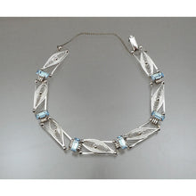 Load image into Gallery viewer, Vintage Sterling Silver Filigree Link Bracelet with Emerald Cut Blue Topaz Stones