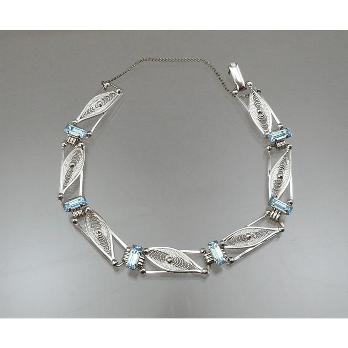 Vintage Sterling Silver Filigree Link Bracelet with Emerald Cut Blue Topaz Stones
