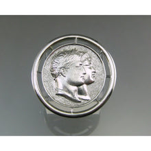 Load image into Gallery viewer, Vintage Monet Napoleon and Josephine Brooch - Silver Tone French Coin Replica - Circa 1970 - Signed Designer Pin - Estate Jewelry Collection