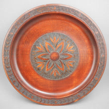 Load image into Gallery viewer, 2 Vintage Polish Folk Art Hand Carved Wood Plates with Inlaid Brass Metal - Flower Designs - Made in Poland