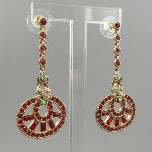 Vintage Liz Claiborne Chandelier Dangle Earrings - Victorian Revival Style - Gold Tone Filigree Faux Ruby Red Crystals and AB Aurora Borealis Rhinestones - Signed LC - Posts for Pierced Ears - Estate Jewelry Collection