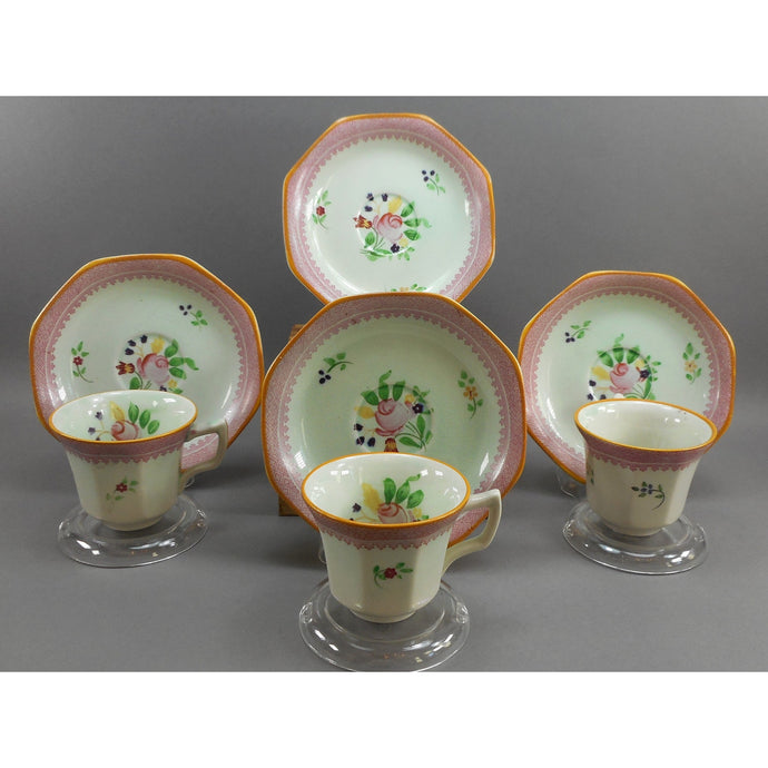 3 Vintage Adams Calyx Ware Lowesoft Pattern Demitasse Cups and Saucer Sets + 1 Replacement Saucer - Circa 1930 English Ironstone - Pale Blue Green with Pink Flowers - Made in England