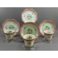 Load image into Gallery viewer, 3 Vintage Adams Calyx Ware Lowesoft Pattern Demitasse Cups and Saucer Sets + 1 Replacement Saucer - Circa 1930 English Ironstone - Pale Blue Green with Pink Flowers - Made in England