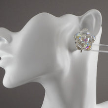 Load image into Gallery viewer, Excellent Vintage 1950s Signed Laguna Iridescent Clear Glass Cluster Clip On Earrings - AB Aurora Borealis Crystal Beads on Silver Filigree - Flower Design