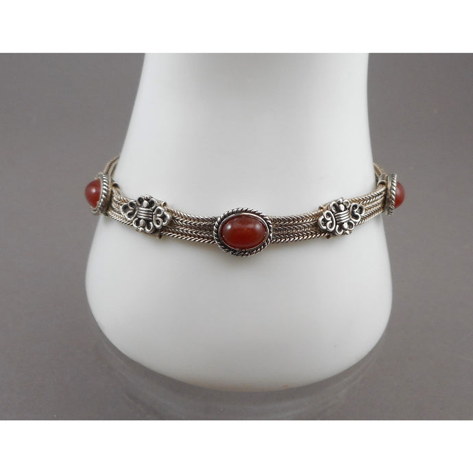 Vintage Middle Eastern Carnelian and Sterling Silver Bracelet - Multi Strand Chain with Oval Cabochons