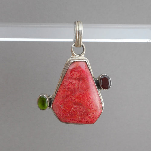 Vintage Red Sponge Coral Sterling Silver Pendant with Red and Green Gemstones Handmade Artisan Jewelry - Circa 1980