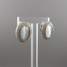 Load image into Gallery viewer, Vintage 1970s Oval Faux Cats Eye Earrings Gray Glass Stones Silver Tone Clip On