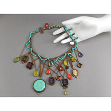 Load image into Gallery viewer, Rare Vintage Extasia Victorian Revival Bib Collar Necklace - Pressed German Glass Intaglio and Cameo Stones - Charms, Bronze Chains and Turquoise Beads - Adjustable