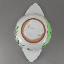 Load image into Gallery viewer, Antique French Faience Pottery Porringer Bowl with Lug Handles - Handpainted Rooster Chanticleer and Flowers - marked France - White Red Pink