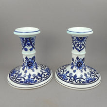 Load image into Gallery viewer, Pristine Pair of Vintage Boch Delfts Candlesticks - Belgian or Dutch - White Porcelain, Blue Flowers, Pale Green Glaze - Set of 2