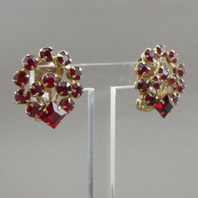 Load image into Gallery viewer, Vintage 1950s Red Rhinestone Clip On Earrings - Flower Basket Design, Gold Tone