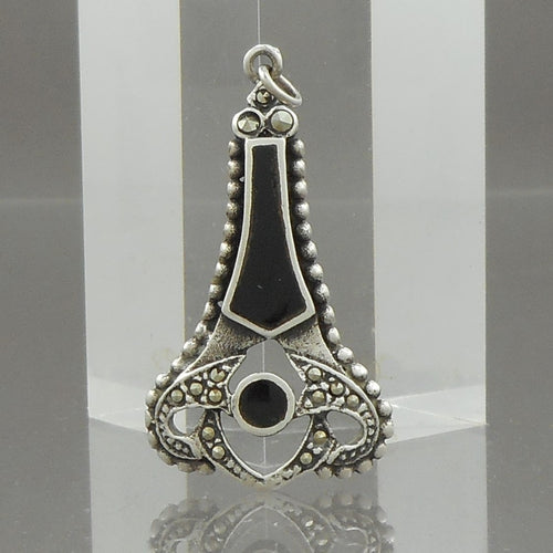 Vintage Black Onyx, Marcasite and Sterling Silver Necklace Pendant - circa 1980s - Victorian Revival Style