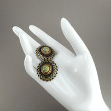 Load image into Gallery viewer, Vintage 1950s HAR Hargo Clip On Earrings - Faux Turquoise and Garnet Stones - Gold Tone, Green Glass Cabochons, Red Rhinestones - Signed Designer Estate Costume Jewelry