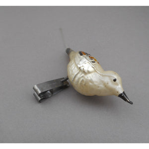 Antique or Vtg German Blown Glass Bird Christmas Ornament - Clip On, Spun Tail - Black White and Gold