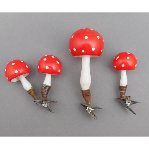 Antique Vtg German Blown Glass Mushroom Christmas Ornaments - Clip On - Lot of 3 - Double and Single - Red with White Polka Dots