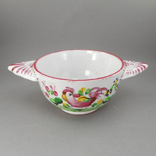 Antique French Faience Pottery Porringer Bowl with Lug Handles - Handpainted Rooster Chanticleer and Flowers - marked France - White Red Pink