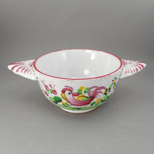 Load image into Gallery viewer, Antique French Faience Pottery Porringer Bowl with Lug Handles - Handpainted Rooster Chanticleer and Flowers - marked France - White Red Pink