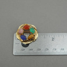 Load image into Gallery viewer, Excellent Vintage 12K Gold Filled Genuine Gemstone Egyptian Revival Brooch - circa 1960 by Burt Cassell - Scarab Pin with Semiprecious Stones - Tiger's Eye, Blue and Green Chalcedony, Rhodolite and Carnelian