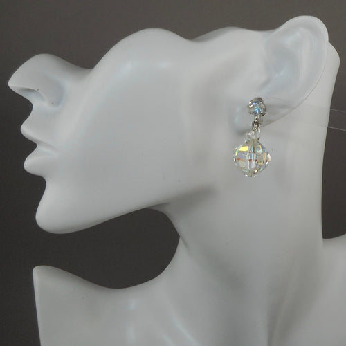 Vintage 1950s Signed Laguna Clip On / Screw Back Dangle Earrings - Iridescent Aurora Borealis Clear Glass Crystal Beads, Silver Tone