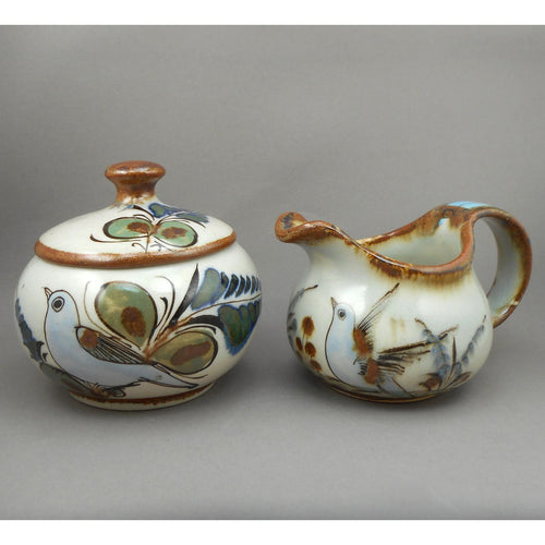 Vtg Ken Edwards Bird Design Creamer and Sugar Bowl Set - Artisan Pottery Mexico