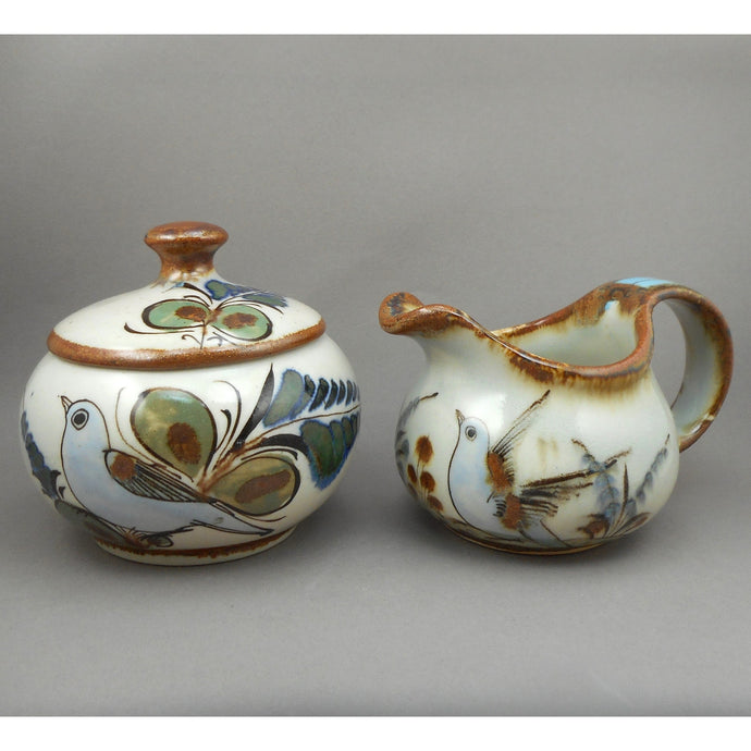 Vtg Ken Edwards Bird Design Creamer and Sugar Bowl Set - Artisan Pottery Mexico