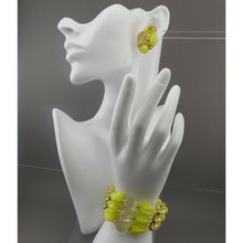 Load image into Gallery viewer, Vintage 1950s Signed Kramer Jewelry Set - Cuff Wrap Bracelet and Clip On Cluster Earrings - Chartreuse Yellow Green Acrylic Beads