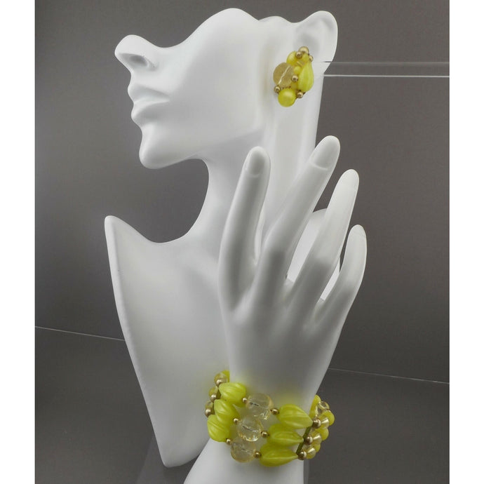 Vintage 1950s Signed Kramer Jewelry Set - Cuff Wrap Bracelet and Clip On Cluster Earrings - Chartreuse Yellow Green Acrylic Beads
