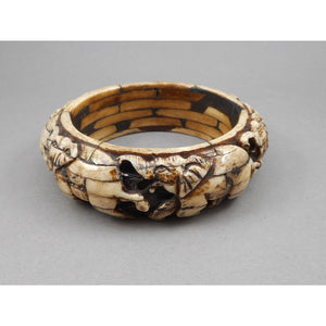 Vintage Carved Layered Cow Bone Elephant Bracelet - Large and Heavy Handmade Bangle