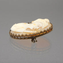 Load image into Gallery viewer, Antique or Vintage Genuine Carved Shell Cameo Brooch - Victorian Revival Style Pin - Gold Finish Filigree Setting