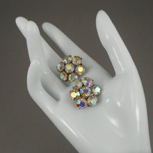 Load image into Gallery viewer, Vintage 1950s Iridescent  Rhinestone Cluster Clip On Earrings - AB Aurora Borealis Crystals, Gold Tone  - Daisy Flower Design