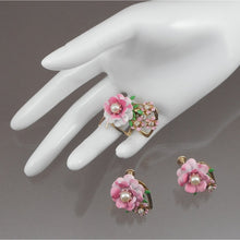 Load image into Gallery viewer, Vintage 1950s Jewelry Set - Flower and Heart Design Screw Back Earrings and Brooch Pin - Pink and White Enamel, Gold Tone, Faux Pearls - Mid Century Estate Collection