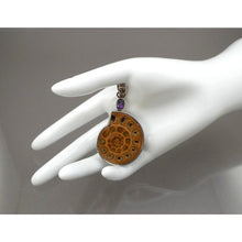 Load image into Gallery viewer, Vintage Ammonite Fossil and Sterling Silver Oval Pendant with an Amethyst Purple Accent Stone - Brown Snail Shell Form Natural Gemstone - circa 1980 - Southwestern Style