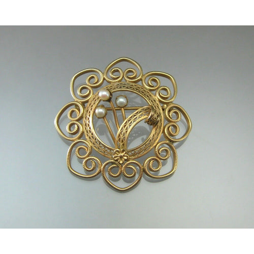 Vintage 1950s Mid Century Modern Brooch Pin - Genuine Pearl, 12K Gold Filled Filigree - Flowers, Leaf, Wreath and Hearts