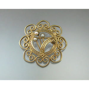 Vintage 1950s Mid Century Modern Brooch Pin - Genuine Pearl, 12K Gold Filled Filigree - Flowers, Leaf, Wreath and Hearts