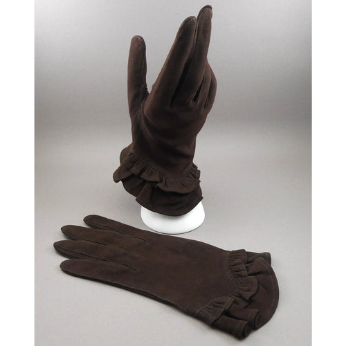 Excellent Vintage Ruffled Suede Leather Gloves Dark Chocolate Brown Size 7 1/2
