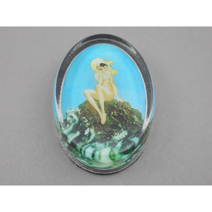 Vintage Glass Paperweight - Louis Icart Print - " Le Coquillage " (Song of the Sea), circa 1930 - Art Deco Era - Nude Wearing Hat on Beach with Seashell
