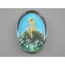 Load image into Gallery viewer, Vintage Glass Paperweight - Louis Icart Print - " Le Coquillage " (Song of the Sea), circa 1930 - Art Deco Era - Nude Wearing Hat on Beach with Seashell