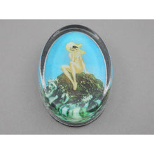 Load image into Gallery viewer, Vintage Glass Paperweight - Louis Icart Print - " Le Coquillage " (Song of the Sea), circa 1930 - Art Deco Era - Nude Wearing Hat on Beach with Seashell