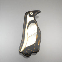 Load image into Gallery viewer, Large Vintage Penguin Brooch - Mother of Pearl Shell Inlay, Black and White Resin Pin
