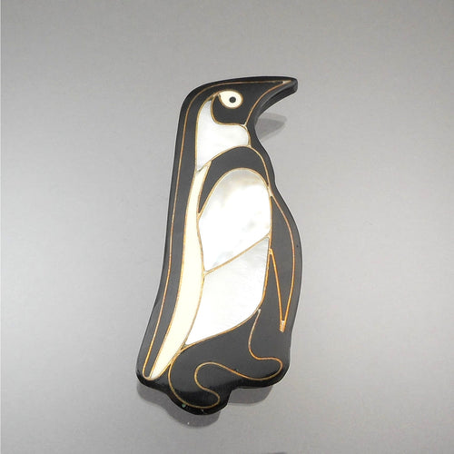 Large Vintage Penguin Brooch - Mother of Pearl Shell Inlay, Black and White Resin Pin