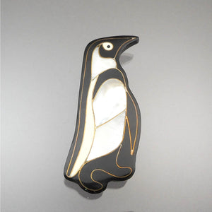 Large Vintage Penguin Brooch - Mother of Pearl Shell Inlay, Black and White Resin Pin