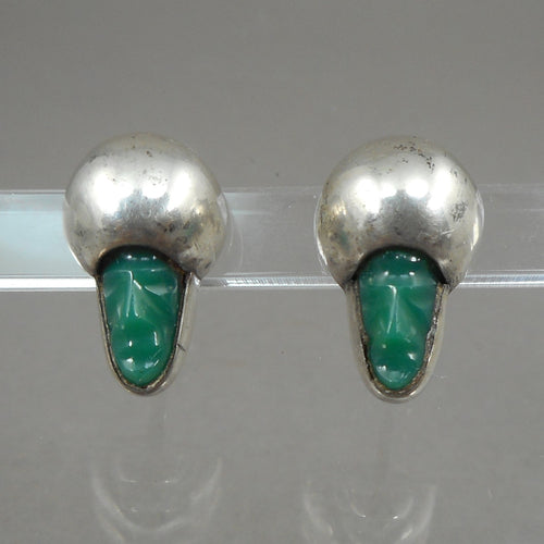 Vintage Handmade Mid Century Mexican Mask Earrings - Green Onyx and Sterling Silver - Screw Backs - Hand Carved Stone Faces