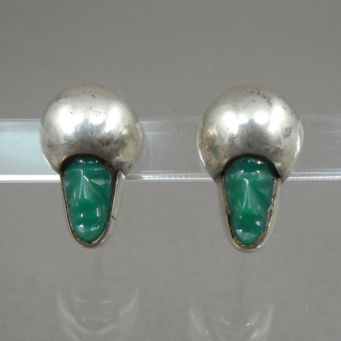 Vintage Handmade Mid Century Mexican Mask Earrings - Green Onyx and Sterling Silver - Screw Backs - Hand Carved Stone Faces