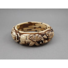 Load image into Gallery viewer, Vintage Carved Layered Cow Bone Bracelet - Elephant and Lion Figures - Large and Heavy Handmade Bangle