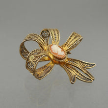 Load image into Gallery viewer, Vintage Victorian Revival Cameo Bow Brooch - Hand Carved Shell, 800 Gilt Silver Cannetille Filigree Ribbon -  Art Deco Era Pin