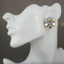 Load image into Gallery viewer, Vintage 1950s Iridescent  Rhinestone Cluster Clip On Earrings - AB Aurora Borealis Crystals, Gold Tone  - Daisy Flower Design
