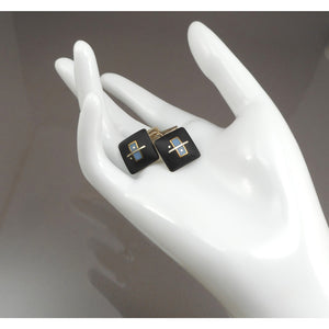 Vintage Handmade Eileen Sutton Cufflinks - US Artisan Studio Jewelry - Post Modern Style - 14K Gold Filled Sterling Silver, Black and Blue Resin