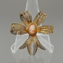 Load image into Gallery viewer, Vintage Victorian Revival Cameo Bow Brooch - Hand Carved Shell, 800 Gilt Silver Cannetille Filigree Ribbon -  Art Deco Era Pin
