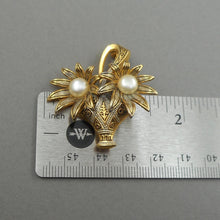 Load image into Gallery viewer, Excellent Vintage Spanish Damascene Souvenir Sunflower Basket Brooch - circa 1950 - Faux Pearls, Black, Silver, Gold Tone Pin - Spain Travel and Tourism